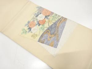 色紙に菊・流水模様織り出し　袋帯